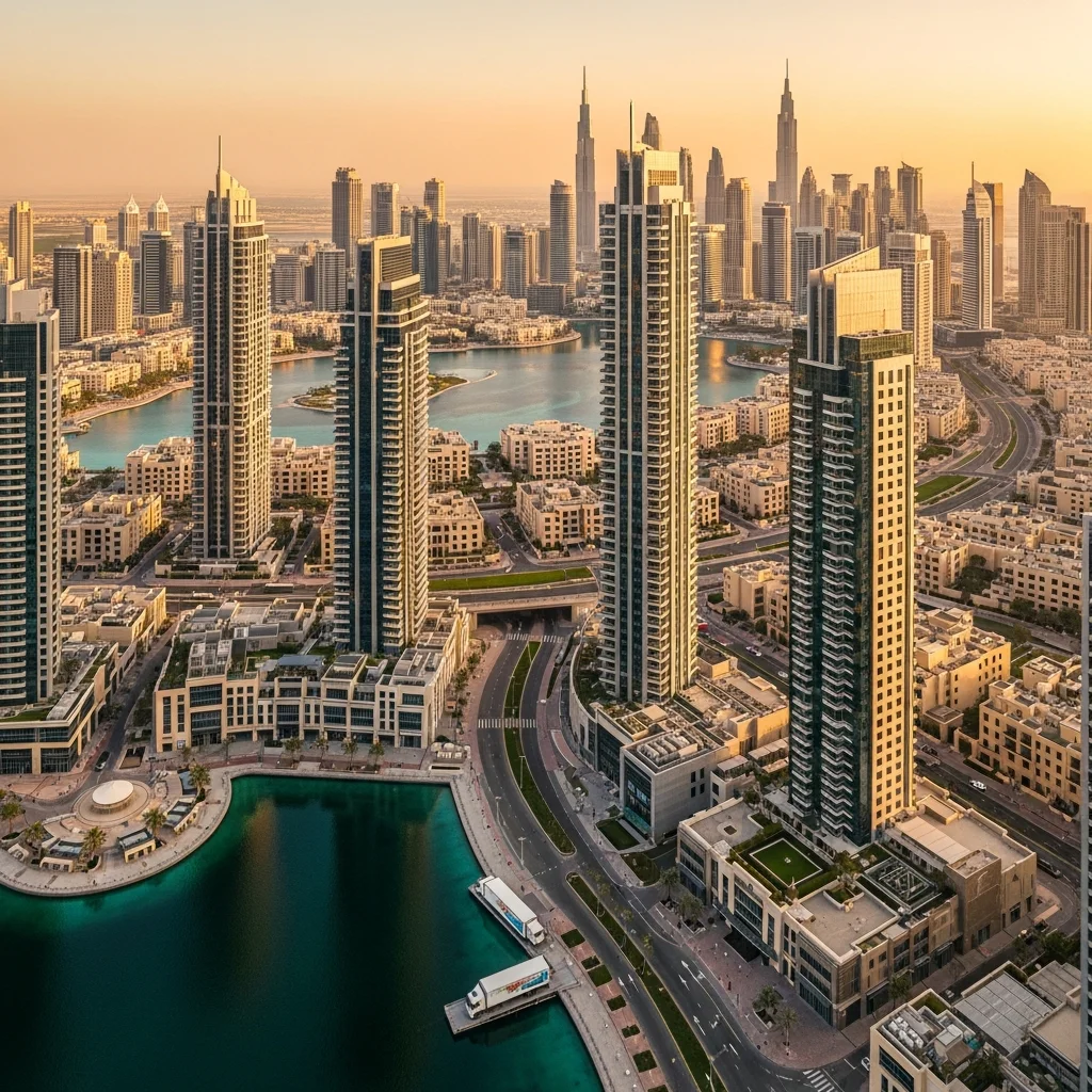 JLT towers cluster with artificial lakes - residential and commercial hub