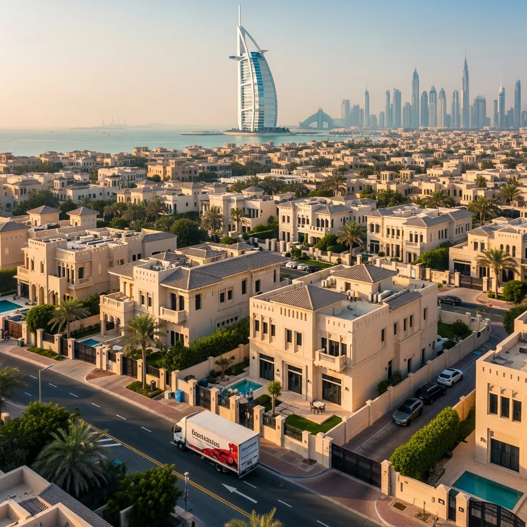 Jumeirah beachfront area with traditional villas and Burj Al Arab view
