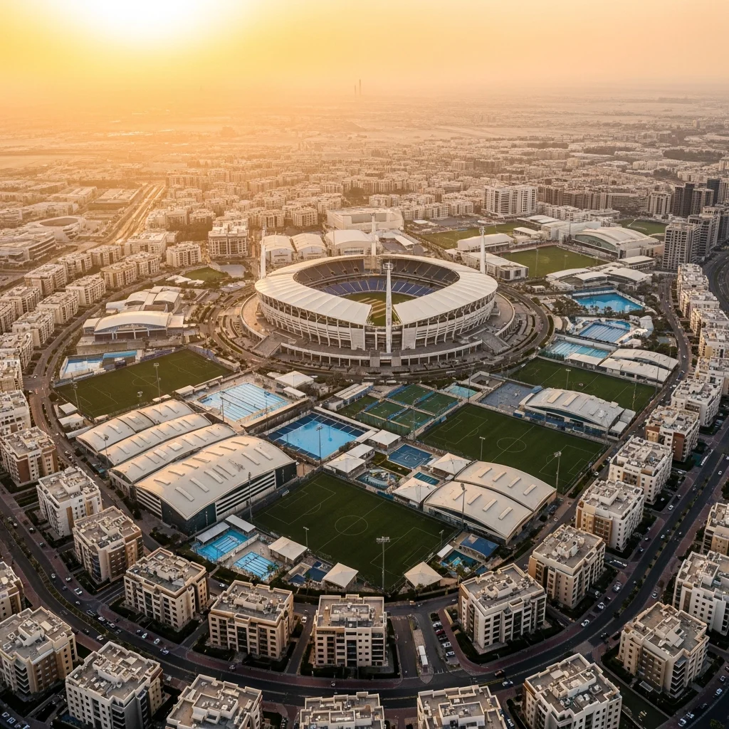 Dubai Sports City with International Cricket Stadium and sports facilities