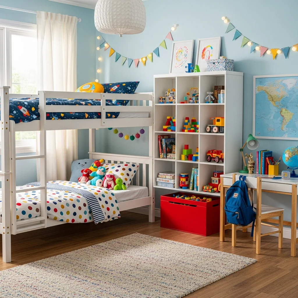 Kids room fully set up with beds made and toys organized