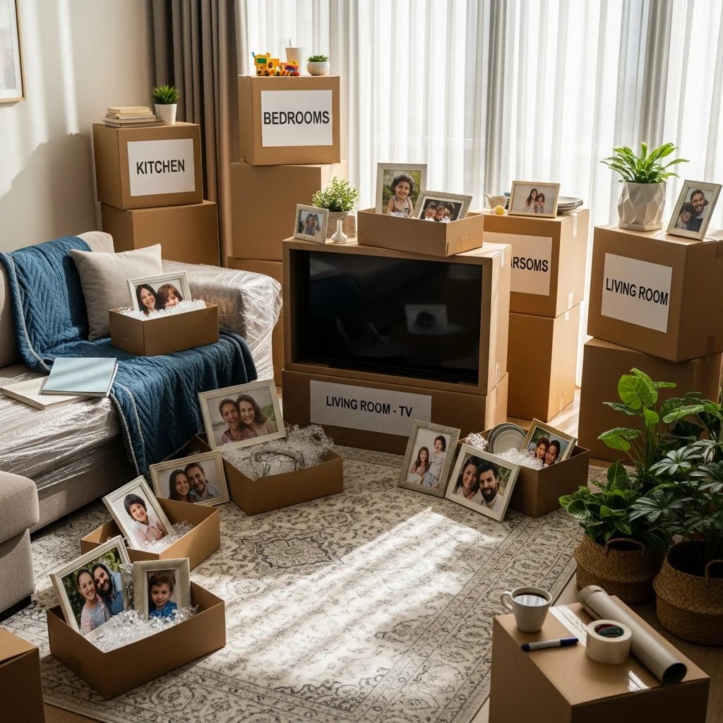 Family living room furniture protected and ready for transport