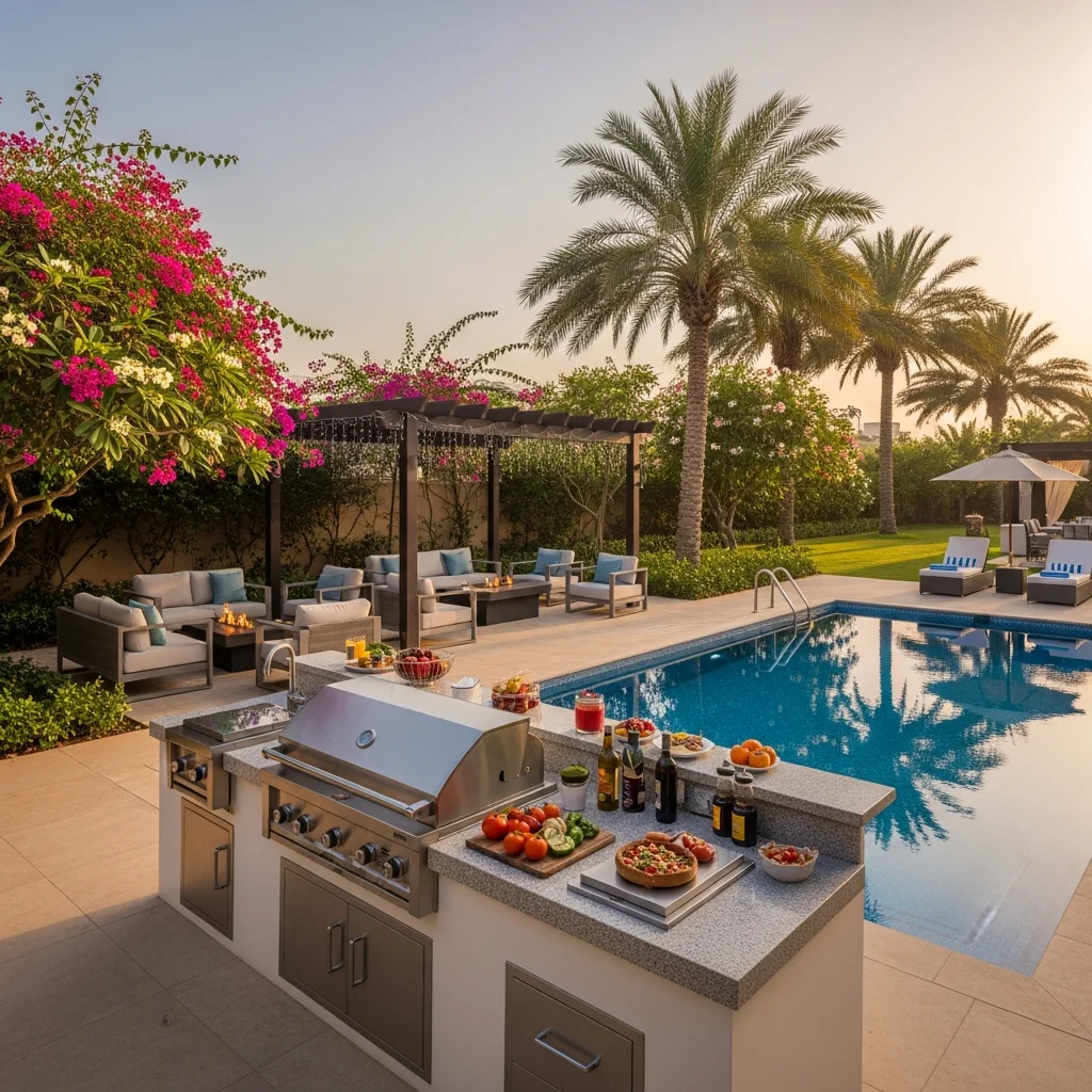 Palm villa garden fully set up with outdoor kitchen installed