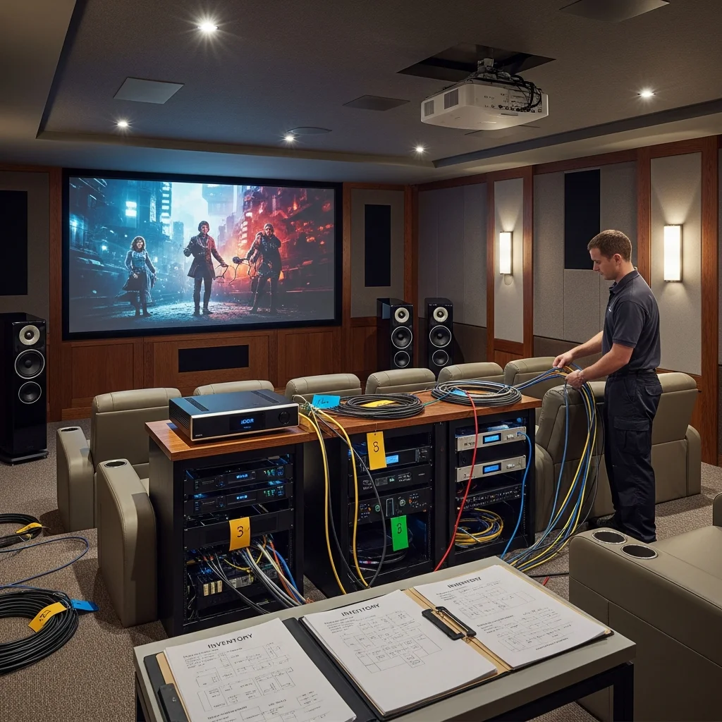 Home cinema equipment being carefully disconnected