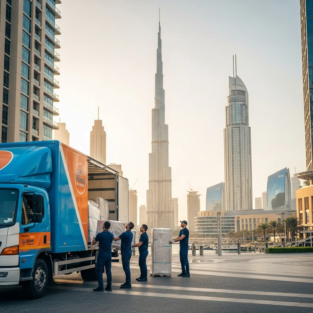 Professional movers loading furniture into truck with Dubai Marina skyline at sunset