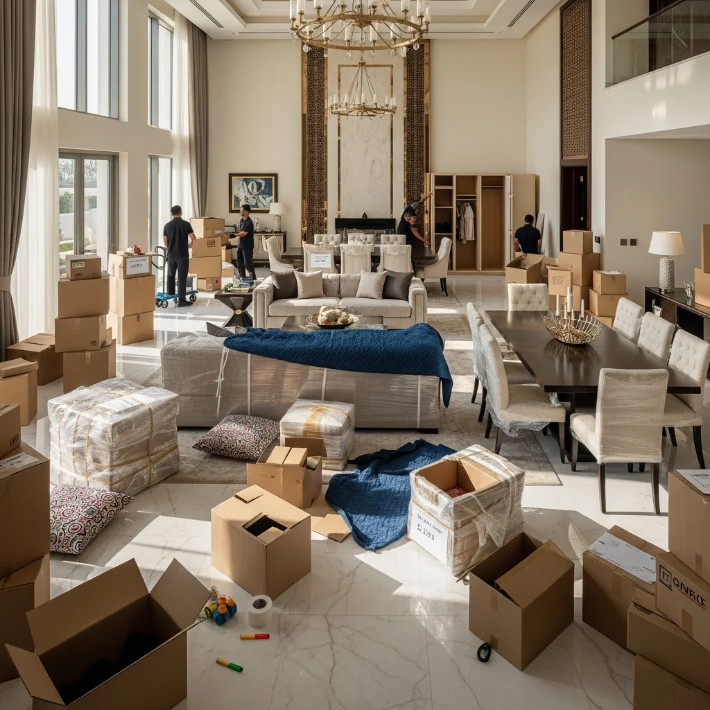 Packed boxes and furniture in Arabian Ranches villa before moving