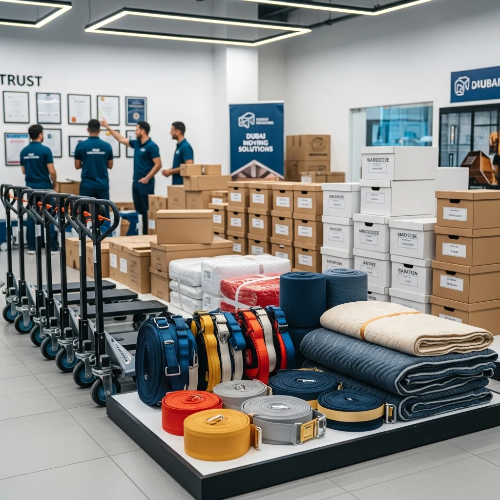 Professional moving equipment including dollies, straps, and blankets